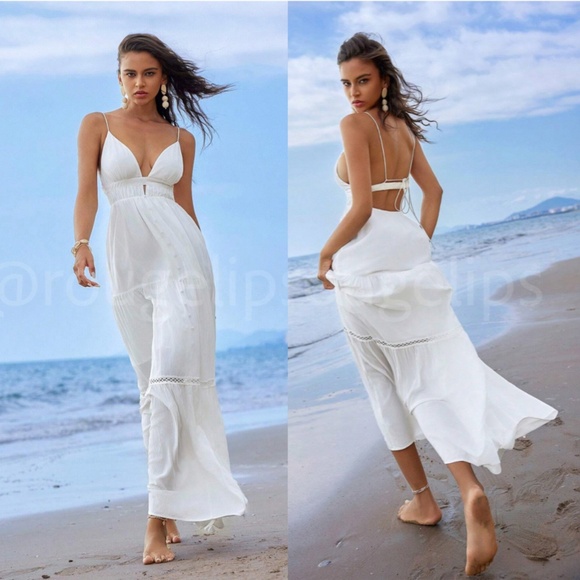 White Maxi Dress V-Neck Open Back Lined Tie Straps